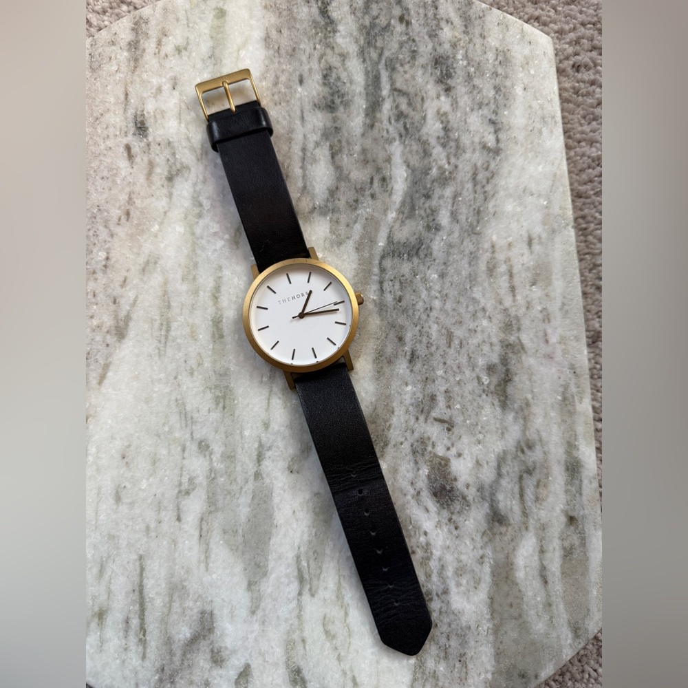 The HORSE  Gold Case Watch with Black Strap and White Dial